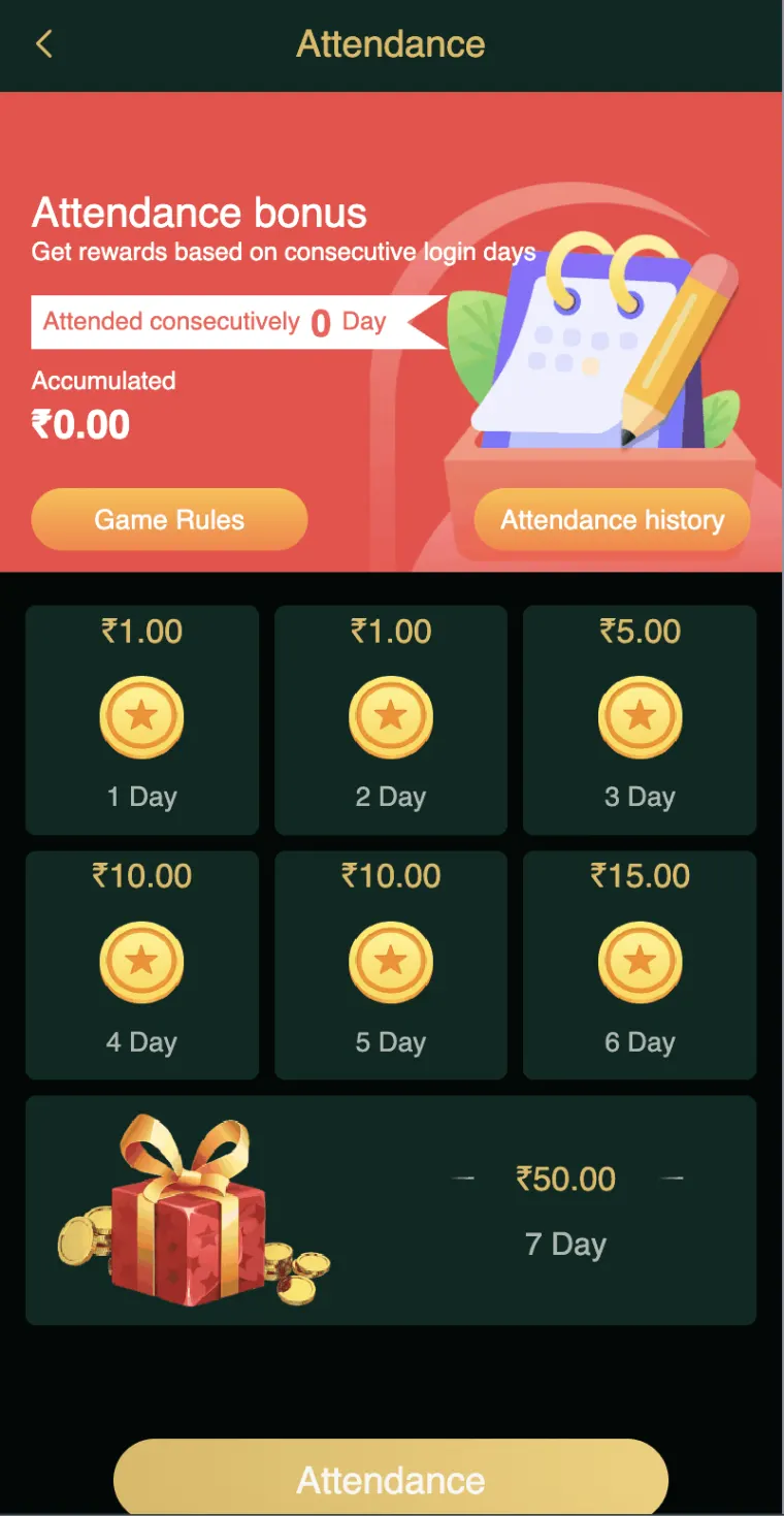 DmFirst attendance bonus from ₹1 on day 1 to ₹50 on day 7