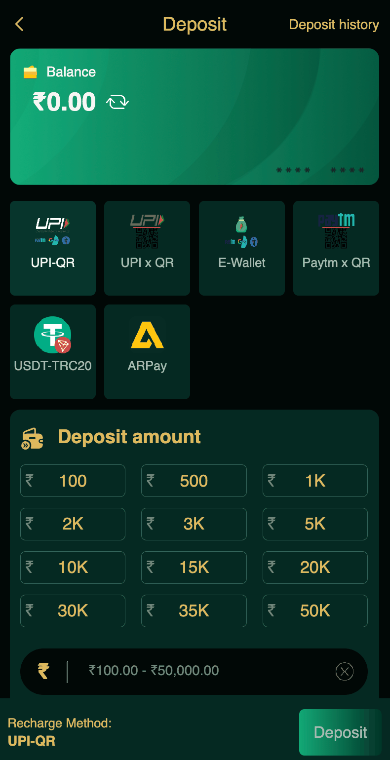 DM First Deposit Page with UPI Paytm and USDT Options