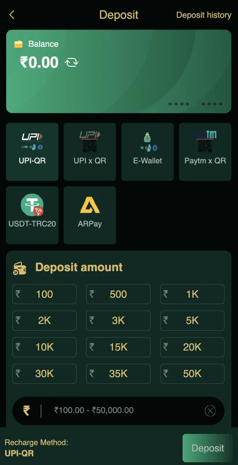 DmFirst deposit page with UPI-QR, UPI x QR, E-Wallet, Paytm x QR, USDT-TRC20 and ARPay
