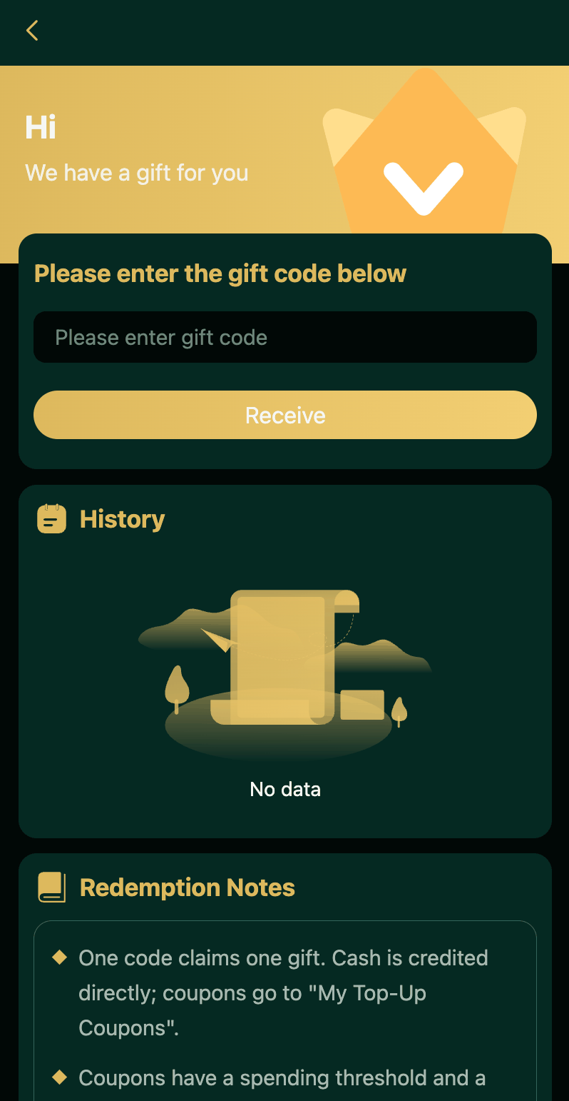 DM First Gift Code Redemption Page with Input Field and Receive Button
