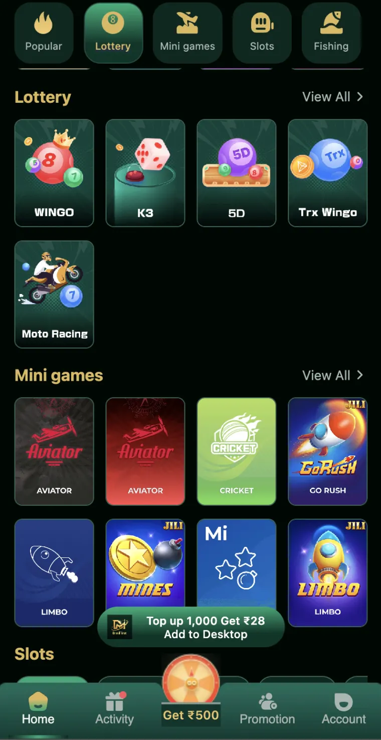 DmFirst Lottery row with WINGO, K3, 5D, Trx Wingo and Moto Racing