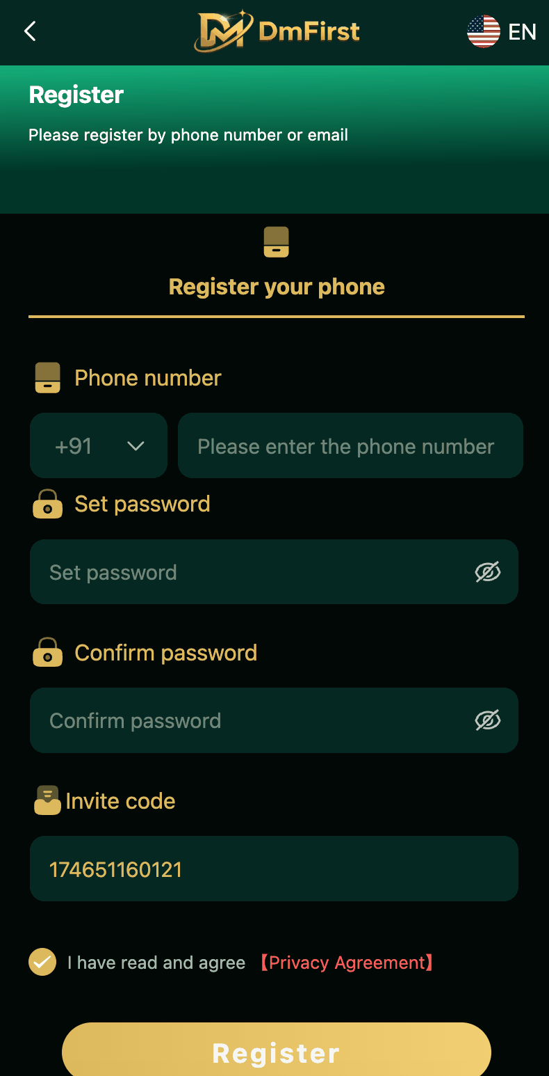 DM First Register Screen with Phone Number, Password, and Invite Code 94955187072